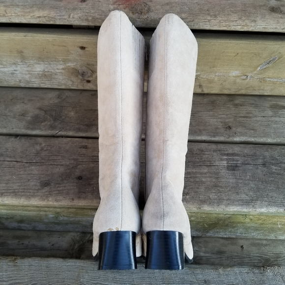 Vintage 90s y2k Chunky Heel Square Toe Bone Cream Suede Leather Tall Boots 7.5 - Picture 7 of 11